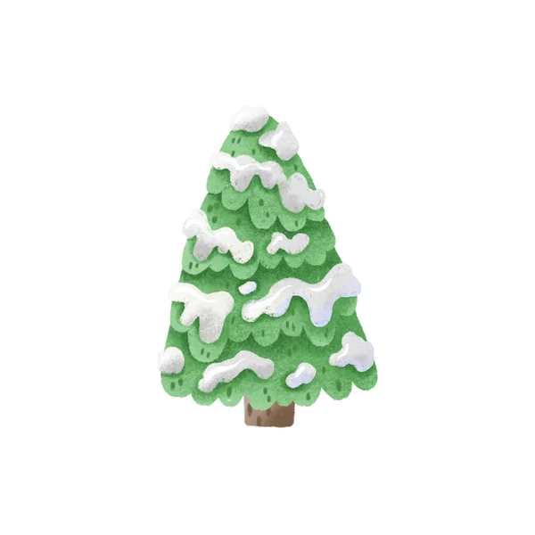 소나무 그림입니다 크리스마스 가지에 눈이있는 귀여운 손으로 고립된 — 스톡 사진