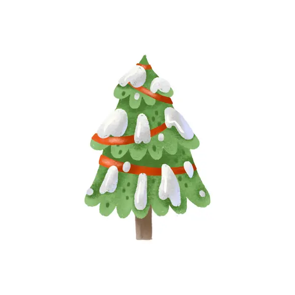 パインツリーとガーランド ライトイラスト 緑のクリスマスツリー 枝に雪が付いたイブ かわいい子供っぽい手描きイラスト 隔離された断片 ホリデーのお祝い — ストック写真