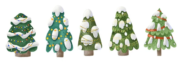 Σετ Χριστουγεννιάτικα Διακοσμητικά Δέντρα Φώτα Και Γιρλάντες Χαριτωμένο Κινούμενο Σχέδιο — Φωτογραφία Αρχείου