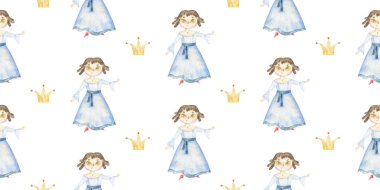 Sonsuz paket kağıdı kızlar, uzun saçlı ve parlak elbiseli prenses. Sevimli bebek klipsi. Suluboya çizimi çocuksu tasarım, baskı, çocuk odası, arka plan, wallart için kusursuz desen