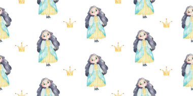 Sonsuz paket kağıdı kızlar, uzun saçlı ve parlak elbiseli prenses. Sevimli bebek klipsi. Suluboya çizimi çocuksu tasarım, baskı, çocuk odası, arka plan, wallart için kusursuz desen