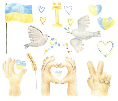 Ukrayna renginde kalp ve güvercinler. Suluboya izole Clipart
