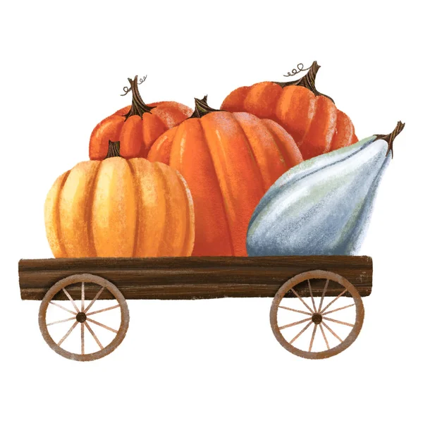 Wooden cart on wheels with harvest. Vegetables, pumpkins. Hand drawn isolated illustration. Autumn mood