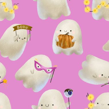 Hayaletlerle dolu Cadılar Bayramı için korkunç bir illüstrasyon. Çizgi film hayaletleriyle çocuksu, kusursuz bir düzen. İzole tasarım