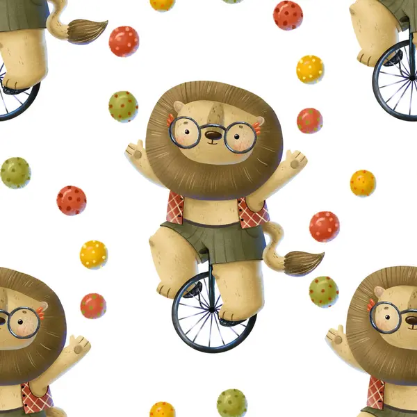 A cartoon lion rides a unicycle and juggles balls. Show, circus performance.Seamless pattern with circus.