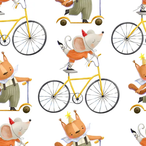 A mouse on a bicycle shows tricks. A squirrel rides a yellow scooter. Show, circus performance.Seamless pattern with circus. Hand-drawn ornament