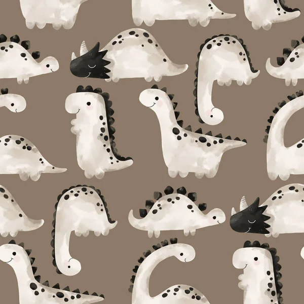 Watercolor Hand Painted Simple Pattern Dinosaurs Brown Back Ground Cute — Stock Photo, Image