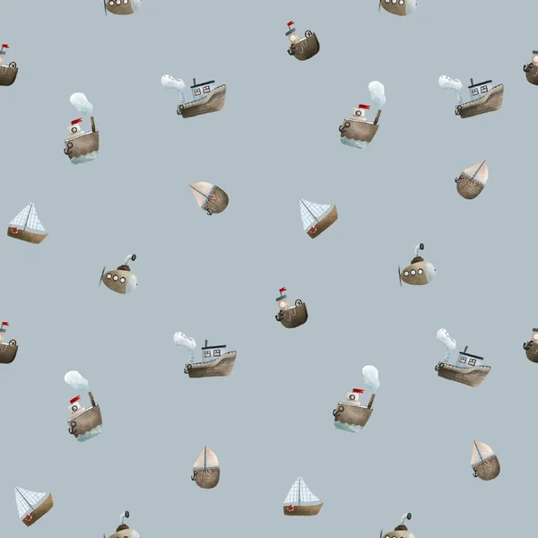 seamless pattern with different boats, ships, submarine, sail. Hand painted childish nautical background. Oceanis and sea pattern on blue