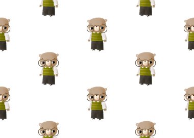 İlkokulda okul üniforması içinde küçük bir ayı ve yuvarlak gözlük çalışması. Çocuklar için hoş, pürüzsüz bir model..