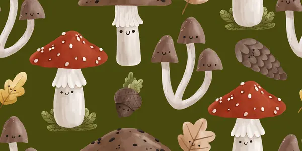 Autumn seamless pattern with mushrooms, acorns,  cones and leaves. Fly agarics seamless pattern on green. Natural trendy print. Colorful children illustration for textile or print