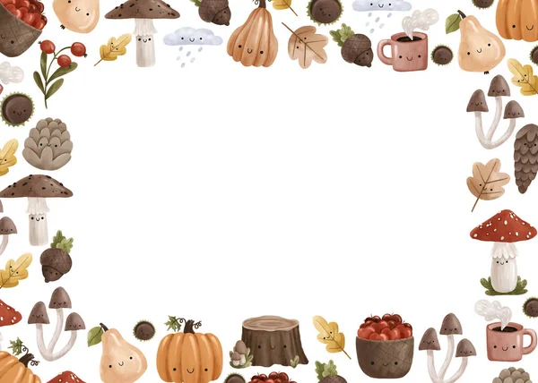 Horizontal autumn template with forest mushrooms, berries and stumps. Harvest