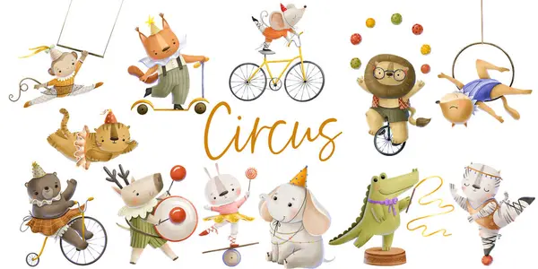 Collection with forest wild animals in circus. Circus performers. Theater performance childish coot illustration isolated background