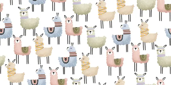 Cute cartoon alpack on  white background. Seamless pattern for kids, nursery with lama