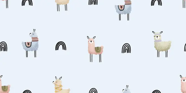 Seamless pattern with alpaca. Cartoon llama pattern. Lama endless background on blue