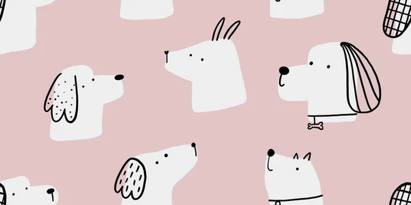 Simple scandinavian pattern with dogs. Seamless pattern with black and white puppy. Childish illustration on pink background