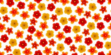 Basit bir çiçek deseni. Kırmızı ve sarı çiçekli, pürüzsüz bir el boyası. Çocuksu bahar geçmişi. Çiçek arkaplan tasarımı, tekstil, kırtasiye, ambalaj kağıdı, kapaklar