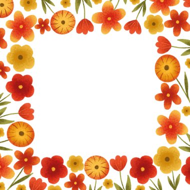 Sarı ve kırmızı çiçekli kare çerçeve. Bahar kartı şablonu. Botanik Kenarlık çerçevesi