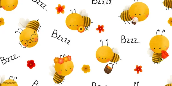 Seamless pattern with cartoon bee and Easter elements. Easter cake, flowers and eggs, bzzz inscription. Easter background.  Hand painted illustration.