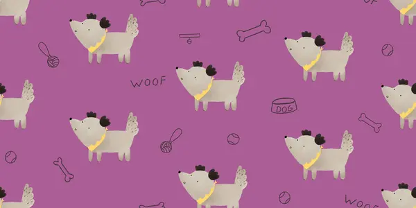 Little cute puppy. Funny dog seamless pattern. Endless design with domestic animals. Dogs supplies bright pink background