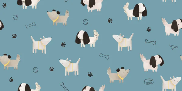 Little funny puppy and dog toys. Seamless flat pattern. Simple childish design with dogs on blue background