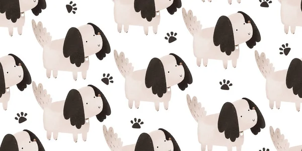 Funny cartoon puppy. Seamless pattern with white and black dogs and footprint. Childish endless background