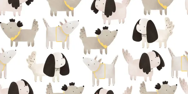 Different dogs seamless pattern. Cute puppies endless background. Domestic pets on white background
