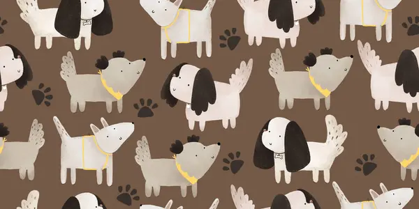 Dogs and dog track. Footprints for pet dog. Pet prints. Paw pattern. Foot puppy. Cute puppy seamless pattern. Endless background on brown. Gender neutral