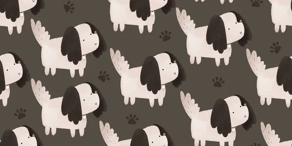 Funny cartoon puppy. Seamless pattern with white and black dogs and footprint. Childish endless dark brown  background