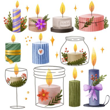 Mum yakıyorum. Tutacaklarda, şarap kadehlerinde ve kavanozlarda mumlar. El yapımı Noel seti. Aroma terapisi için Noel nesneleri