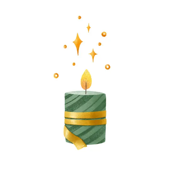 Green candle with golden ribbon illustration.  Candle light decoration isolated