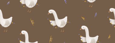 Şenlikli, kusursuz desen. Ördekler, konfeti parçacıkları ve hafif çelenklerle dolu sonsuz doğum günü geçmişi. Cinsiyet nötr yatay arkaplan