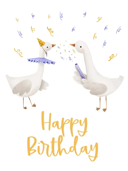 stock image Birthday card with animals. Geese clap firecrackers and confetti. Birthday illustration. Isolated illustration for children's parties. Printing and design, stickers