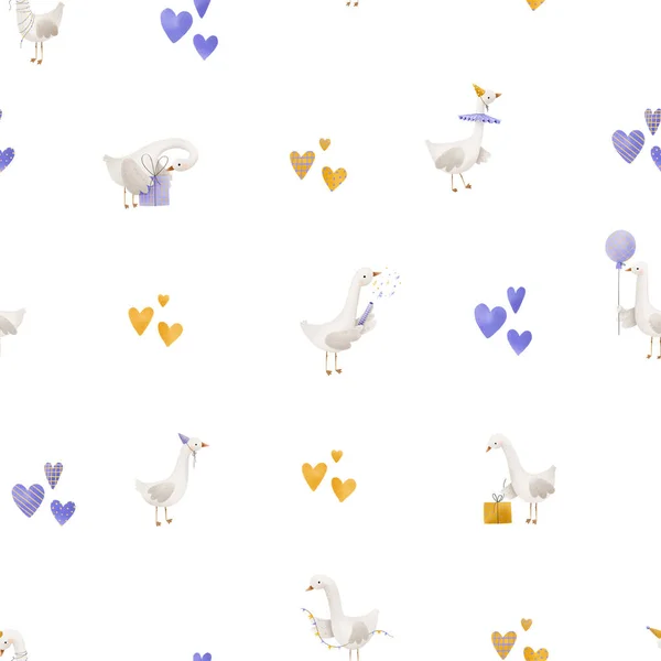 Birthday seamless pattern with a funny ducks in a cone with gift boxes and garlands. Purple and yellow hearts.  Hand drawn cartoon in a limited palette. Ideal for newborn  textile and clothing, wrapping paper