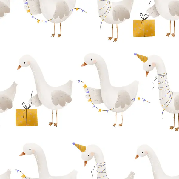 Ducks are preparing for a birthday party seamless pattern. Hand drawn illustration of cute characters gift boxes and light bulbs garland.  Simple kids illustration on isolated background