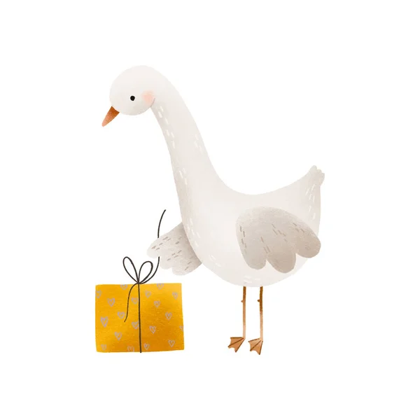holiday illustration of a cartoon goose with a gift. Opening gifts. Birthday gift. Children\'s illustration