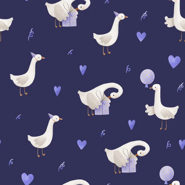 Simple Birthday pattern with duck. Duck Unpacking gift boxes and hold air balloon. Seamless background in limited violet and white palette. Perfect for Newborn textile and clothing