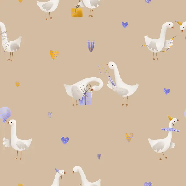 Birthday seamless pattern with a cute duck. Birthday pattern with gift boxes and garlands, air balloon. Newborn endless background