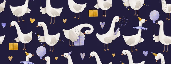 Horizontal seamless Birthday pattern with funny duck. Ducks celebrating a Birthday with balloons, gift boxes and confetti. Hand drawn cartoon illustration of festive elements and funny characters.
