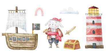 Korsan Koleksiyonu. Tavşan, dürbünlü bir korsan yelkenli ve tahta bir sandıkta hazine. Deniz feneri çiziyorum. İzole edilmiş arka planda şirin bebek eli çizimi