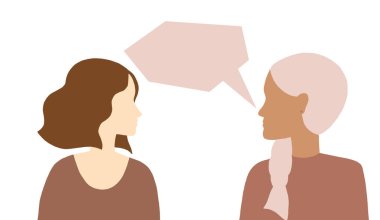 İki yüzlü diyalog baloncukları. İki genç kadın iletişim illüstrasyonu yapıyor. Düz çizilmiş el izole edilmiş çizim oranı