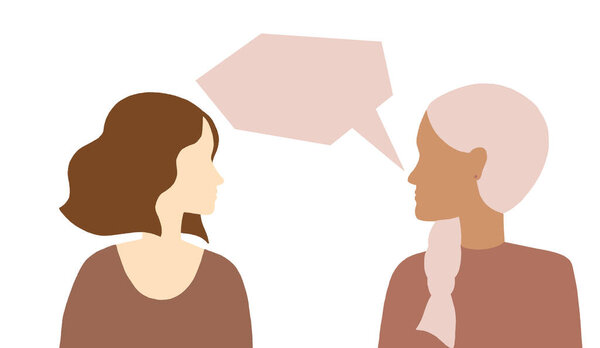 Диалоговая речь пузыри с двумя лицами. Иллюстрация диалога двух молодых женщин. Плоская рука нарисованная изолированная иллюстрация