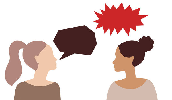 Две девушки общаются. Недоразумение между девушками плоская иллюстрация. Женщина-мультипликатор неправильно понимает сообщения и информацию. Конфликт двух людей в диалоге. Другое мнение