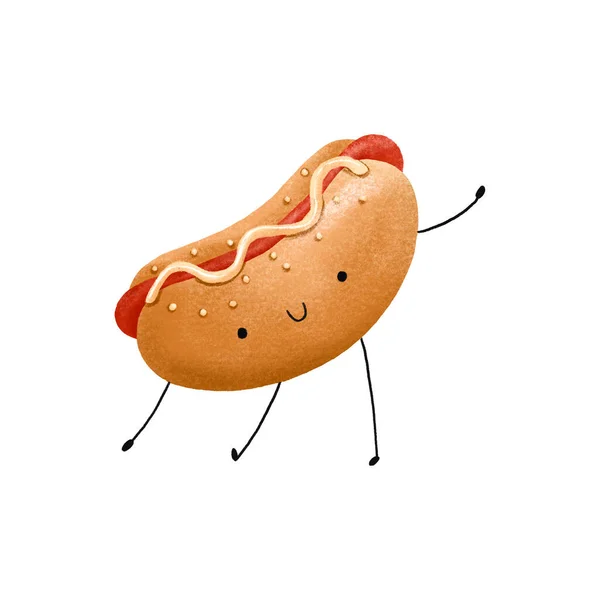 Character hot dog with sausage and sauce. Funny children\'s illustration. Cute food with face, arms and legs. Art for bakeries and restaurants. Illustration of walking Hot do