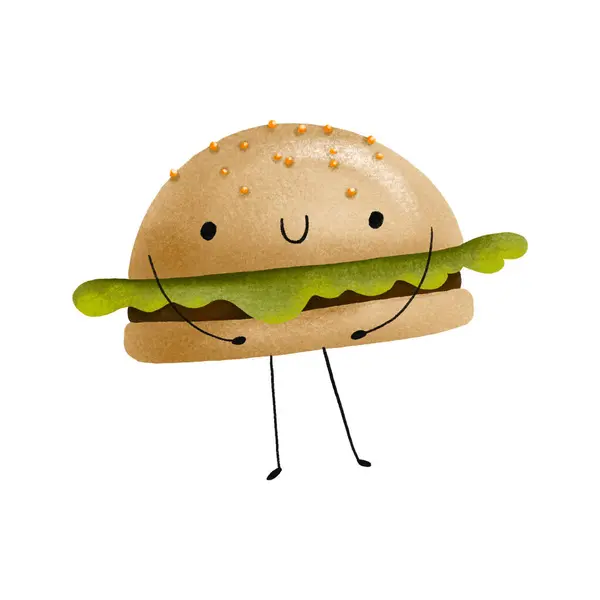 Cute playful and happy hamburger character. Burger cartoon character design with arms and legs. Delicious fast food. Cute mascot hand drawn cute illustration.