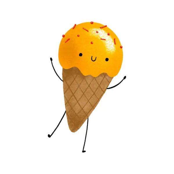 Children\'s illustration with ice cream with yellow cream. Ice cream character with arms and legs. Cute hand drawn design for kid