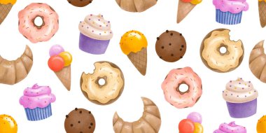 Fast food kusursuz desen. Fırın ve dondurma. Sevimli çocuksu sonsuz tasarım. El çizimi arkaplan