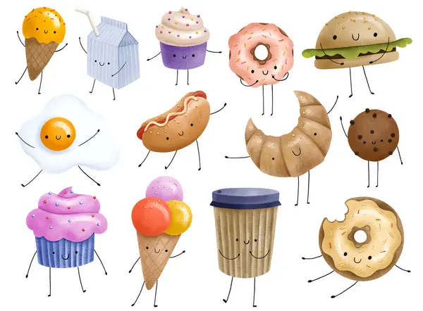 Funny fast food hand drawn characters with face and hands. Tasty food and bakery desserts isolated elements. Cartoon characters