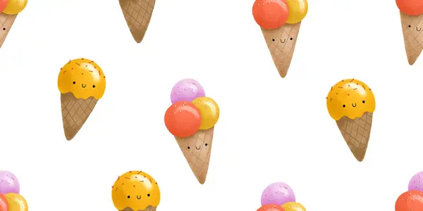 Seamless pattern with cartoon ice cream. Hand painted cartoon food character with face