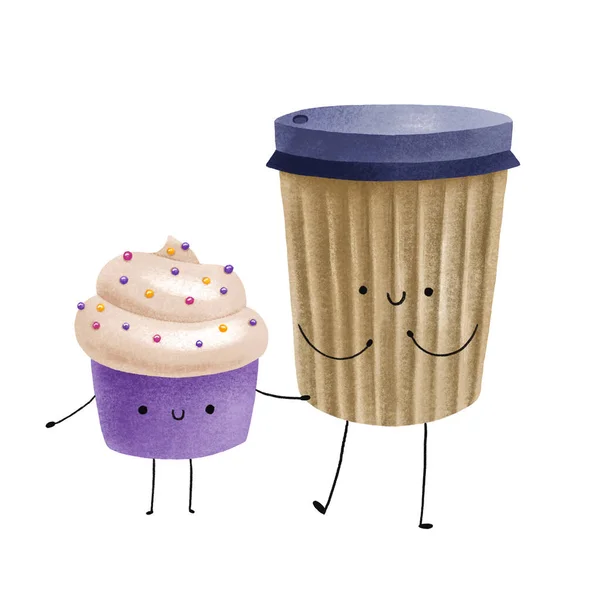 Cartoon characters. Creamy cupcake and cup of  coffee. Best friend illustration. Fast food