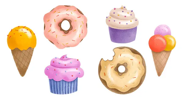 Tasty sweet bakery and ice cream. Cupcakes and donuts with glaze. Hand drawn illustration